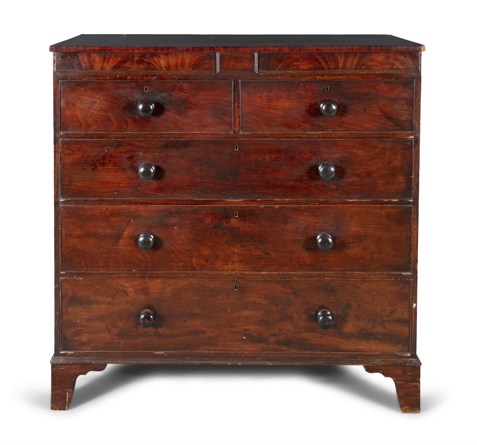 AN EARLY VICTORIAN MAHOGANY CHEST, of two short and three long drawers each fitted with turned