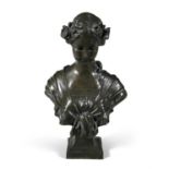 A BRONZE BUST OF A CLASSICAL WOMAN. 45.5cm high