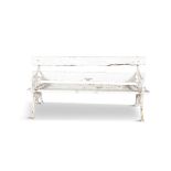 A PAIR OF VICTORIAN CAST IRON WHITE PAINTED GARDEN BENCHES, with timber seats the ends cast with