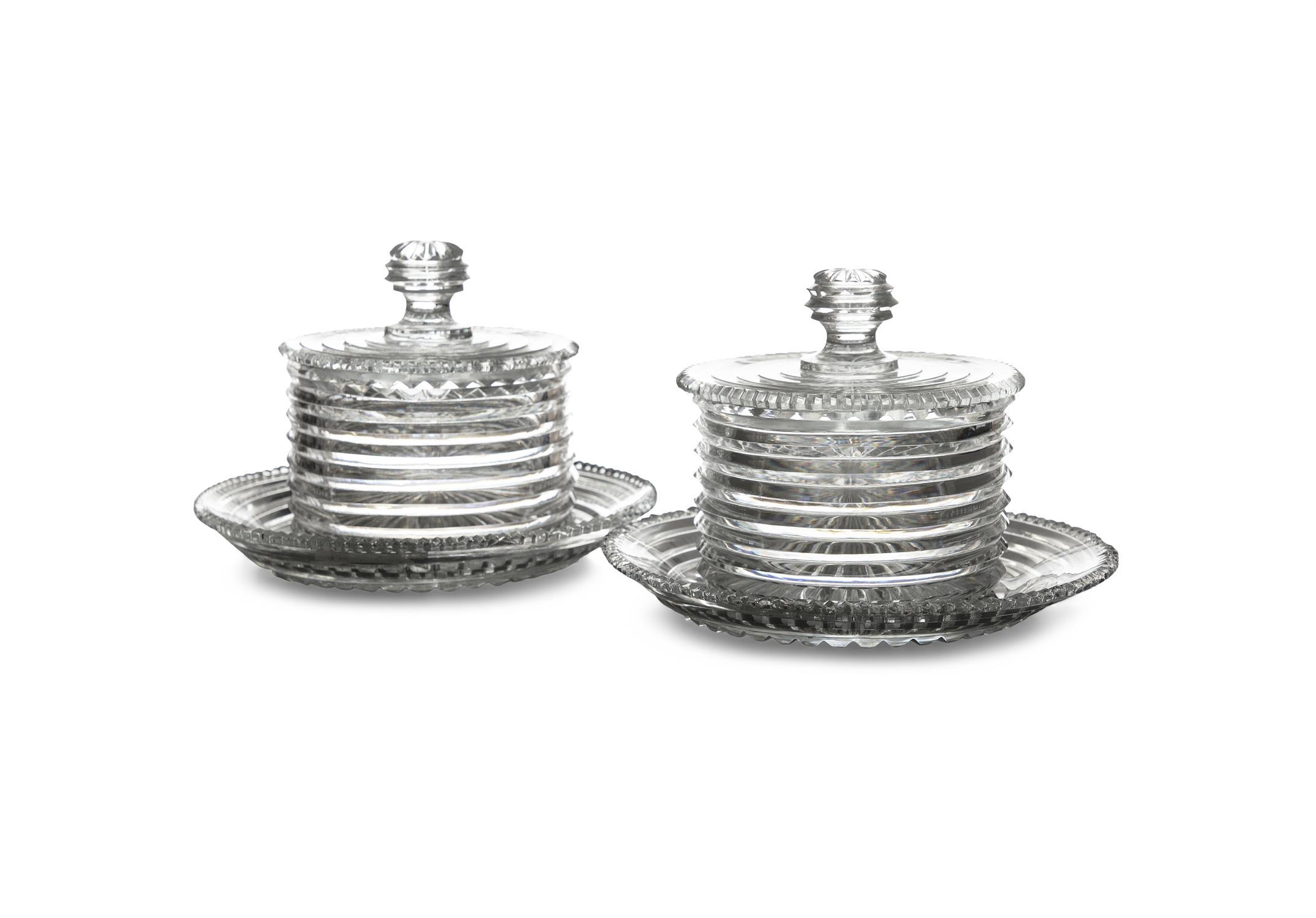 A FINE PAIR OF IRISH REGENCY CUTGLASS BUTTER POTS AND COVERS, with stands c.1800, - Image 2 of 2