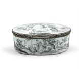 A FRENCH OVAL ENAMEL AND SILVER MOUNTED BOX, 18th Century, decorated en grisaille to the lid,