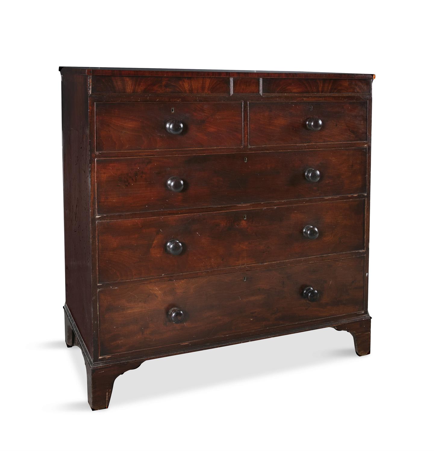 AN EARLY VICTORIAN MAHOGANY CHEST, of two short and three long drawers each fitted with turned - Image 2 of 2