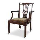 A GEORGE III MAHOGANY CARVER, with open pierced vase shaped splat and drop in tapestry seat,