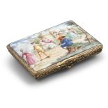 AN ENGLISH ENAMEL PATCH CASE, 18th Century, with gilt mounts, the exterior with Watteauesque scenes,