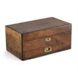 A VICTORIAN BURR WALNUT GAMES BOX, containing a set of natural and ebonised chess pieces,