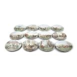 A SET OF 12 WELL-PAINTED POTTERY PLATES, late 19th Century, each with a scene from Surtees Sporting