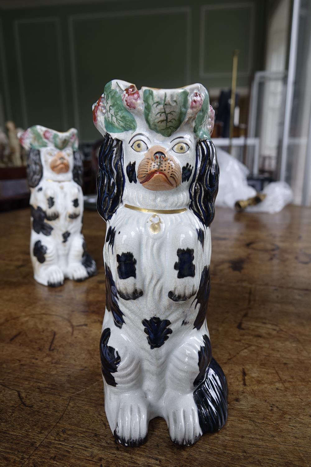 A PAIR OF 19TH CENTURY STAFFORDSHIRE JUGS, moulded in the form of spaniels. 26cm high; Together - Image 2 of 16