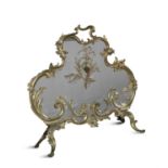 A FRENCH ROCOCO GILT BRASS FRAMED FIRE SCREEN, c.1900, with foliate scroll decoration and centred