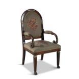 A FRENCH EMPIRE MAHOGANY ARMCHAIR, the arch back with needle crosspoint tapestry,