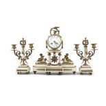 A FRENCH WHITE MARBLE AND GILT METAL THREE-PIECE CLOCK SET, comprising a mantle clock and a pair of