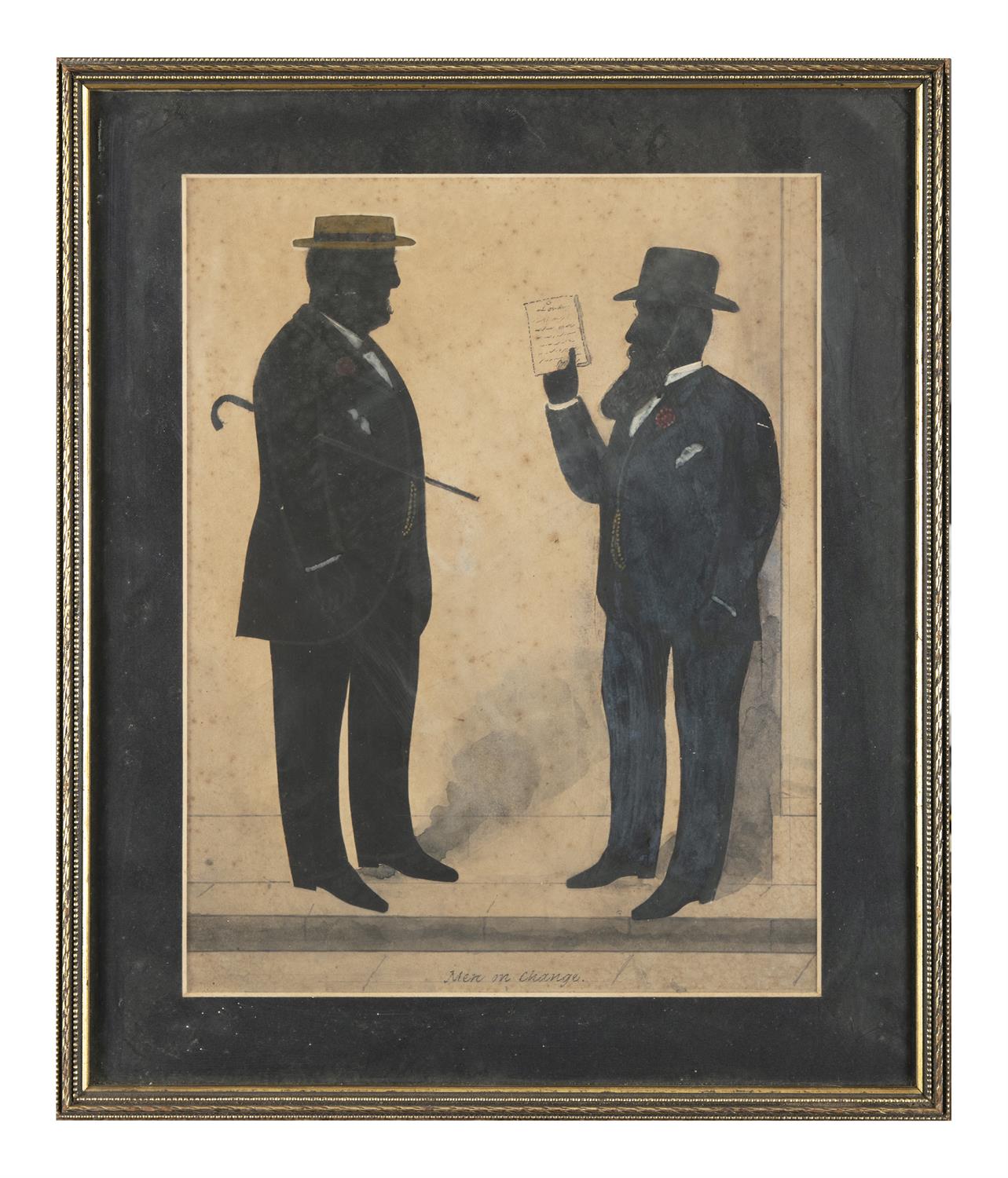 TWO 19TH CENTURY SATIRICAL PRINTED SILHOUETTES, each titled 'Men on Change' and 'Not a Fit Subject - Image 5 of 6