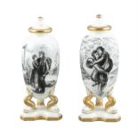 A PAIR OF OVAL CASSOLETTES AND COVERS, 19th Century, decorated en grisaille with figures of lovers