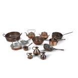AN INTERESTING COLLECTION OF 19TH AND 20TH CENTURY KITCHEN COPPERWARE, including circular preserve