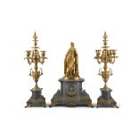 A FRENCH GILT METAL AND GREY MARBLE THREE-PIECE CLOCK SET, Late 19th Century, comprising a mantle