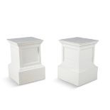 A PAIR OF WHITE PAINTED TIMBER PLINTHS, of squared form, each side with recessed fielded panels.