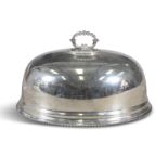 A SILVER PLATED DISH COVER, with cast loop handle and gadrooned rim