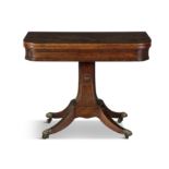 A GEORGE IV INLAID MAHOGANY FOLD OVER CARD TABLE, of rectangular form, with rounded corners,