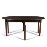 A GEORGE III STYLE MAHOGANY OVAL DOUBLE DROP LEAF HUNT TABLE, on square tapering legs.