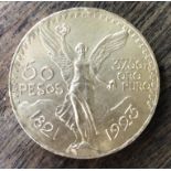 **ADDITIONAL LOT*** A MEXICAN GOLD 50 PESO COIN, the winged symbol of victory and the date