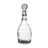 AN IRISH GEORGE III DOUBLE RING NECK DECANTER, fitted with target stopper, the shoulders engraved