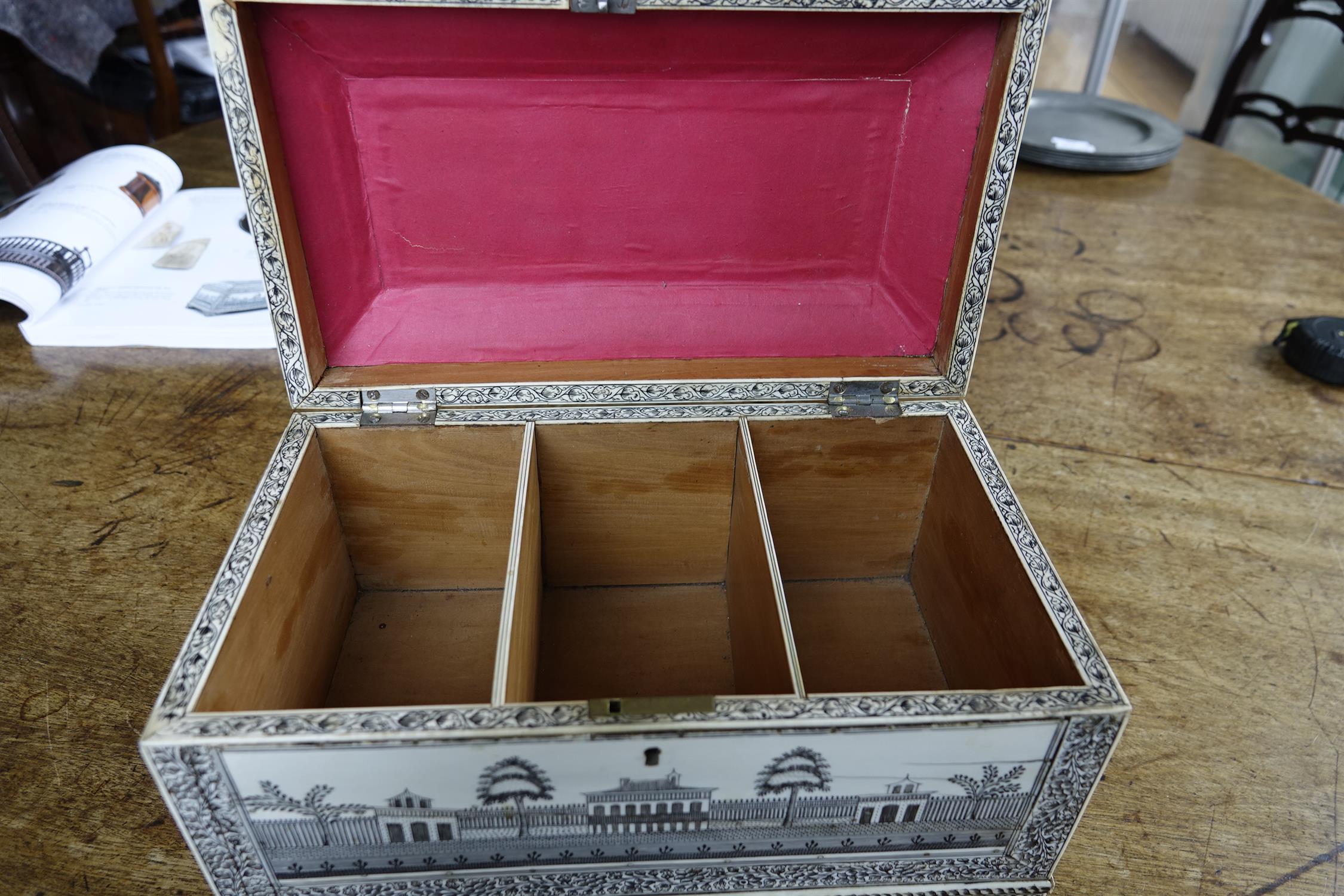 AN ANGLO-INDIAN VIZAGAPATAM TEA CASKET, c.1800, engraved overall in black ink with foliate borders - Image 16 of 22