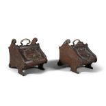 A PAIR OF VICTORIAN ROSEWOOD COAL SCUTTLES AND LINERS, in rococo style, with gilt brass mounts and