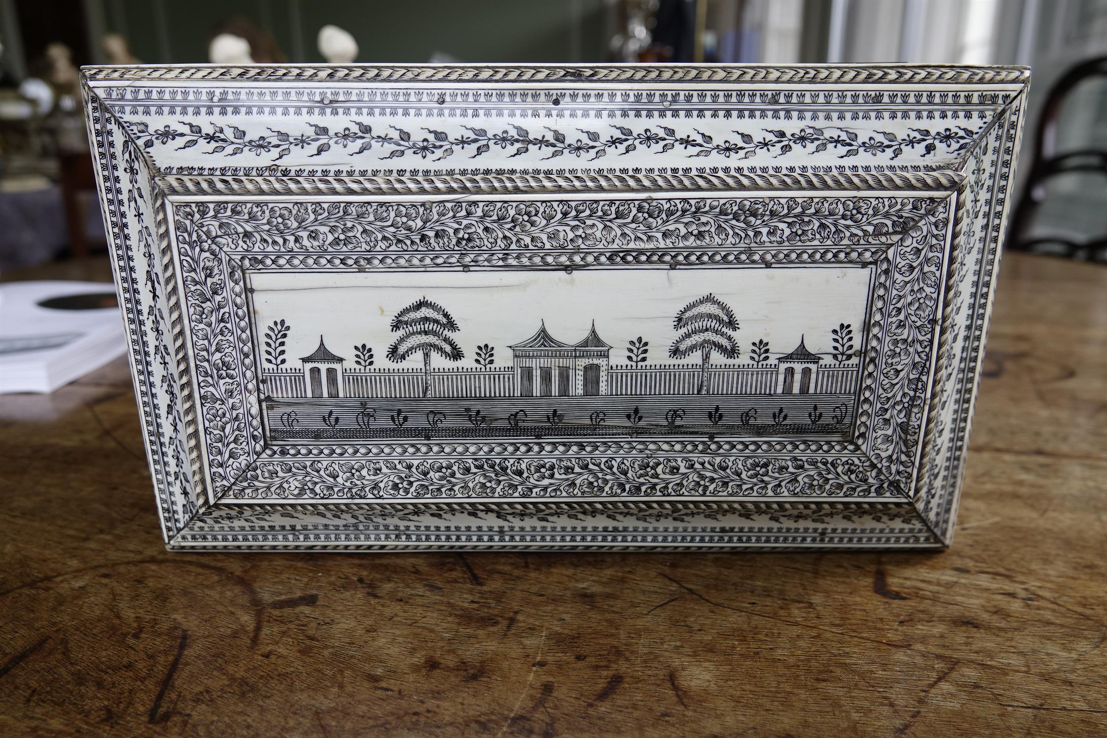 AN ANGLO-INDIAN VIZAGAPATAM TEA CASKET, c.1800, engraved overall in black ink with foliate borders - Image 21 of 22