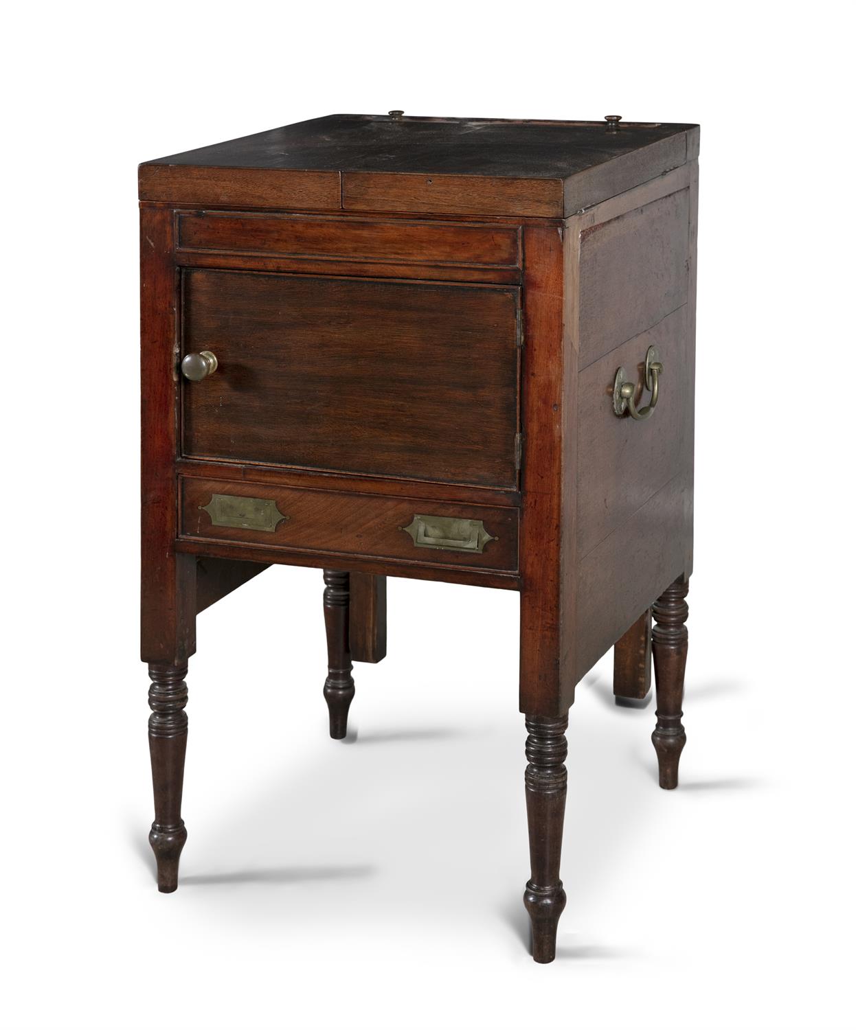 A GEORGE III MAHOGANY TOILET COMMODE, C.1800, of rectangular shape with outfolding top,