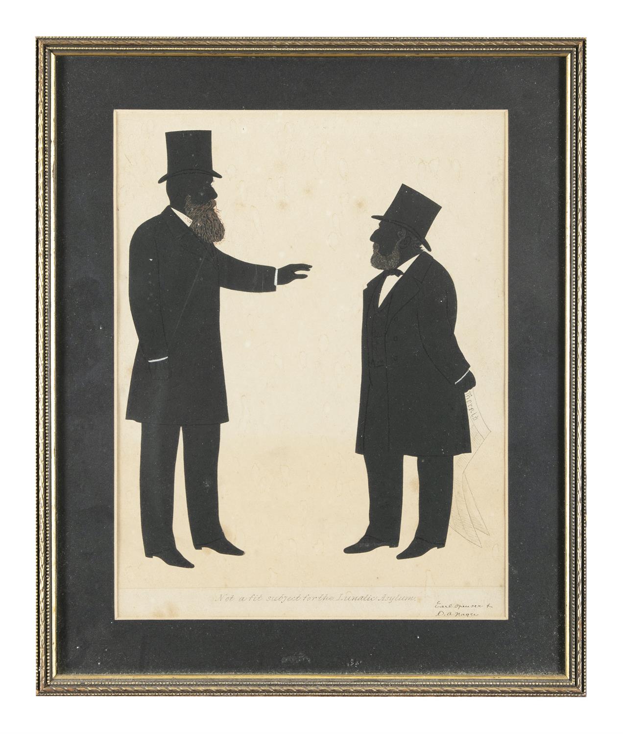 TWO 19TH CENTURY SATIRICAL PRINTED SILHOUETTES, each titled 'Men on Change' and 'Not a Fit Subject