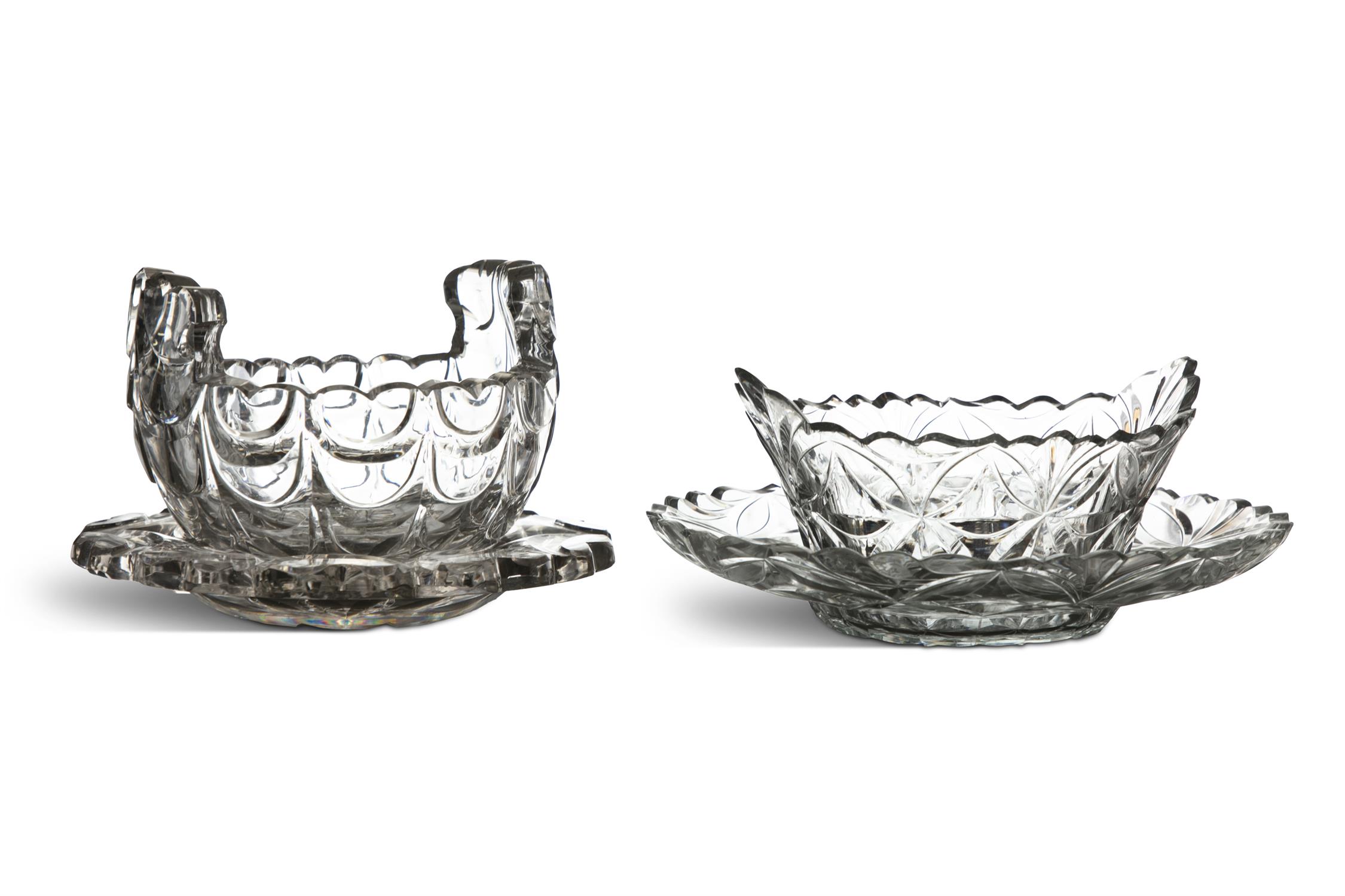 A CUT GLASS BUTTER BOAT ON STAND, of oval form, with raised fan shaped handles and flat cut - Image 2 of 2