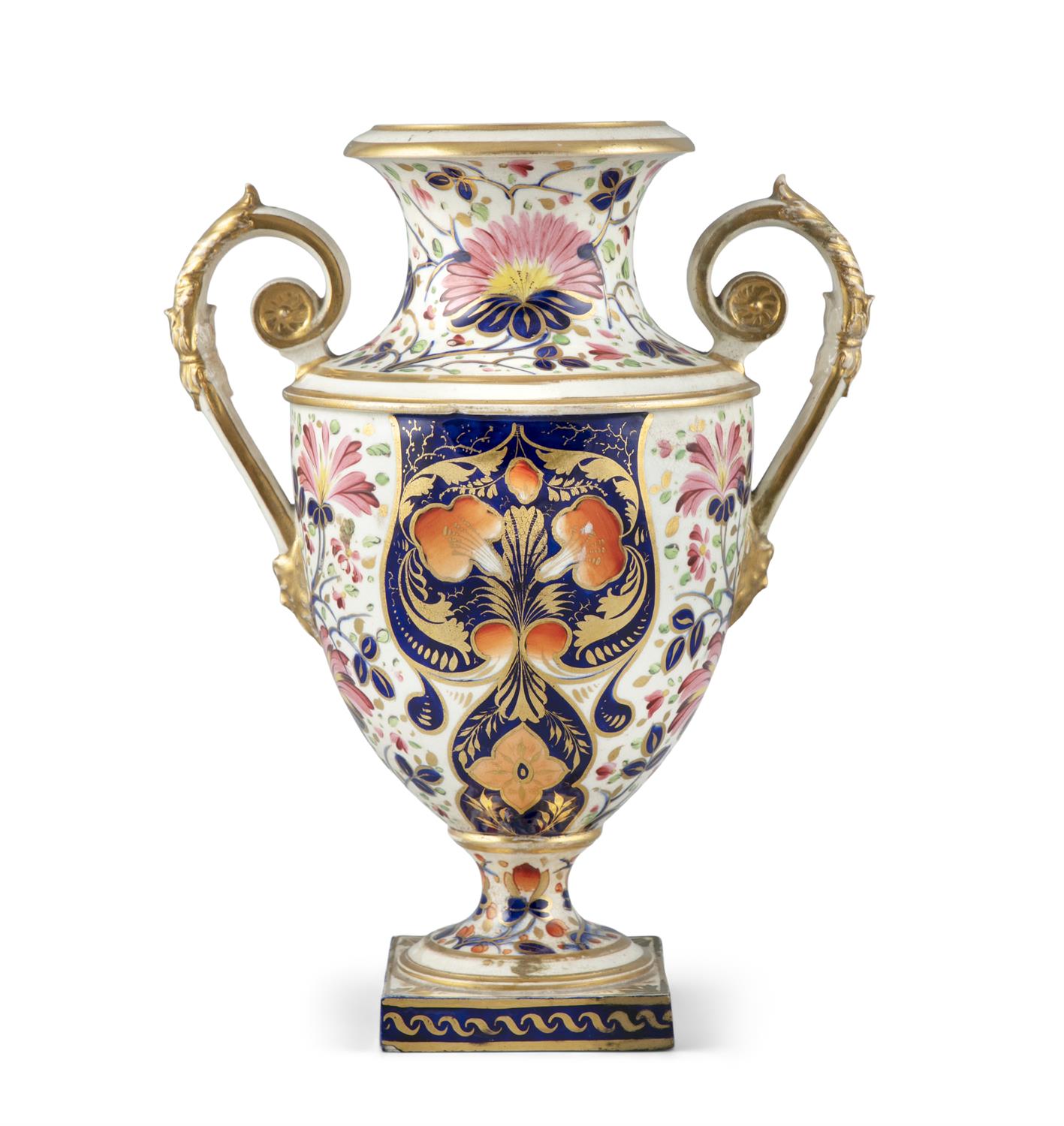 A 19TH CENTURY DERBY PORCELAIN URN, c.1820-30, of classical design, with gilt scrollwork handles,