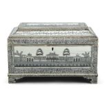 AN ANGLO-INDIAN VIZAGAPATAM TEA CASKET, c.1800, engraved overall in black ink with foliate borders