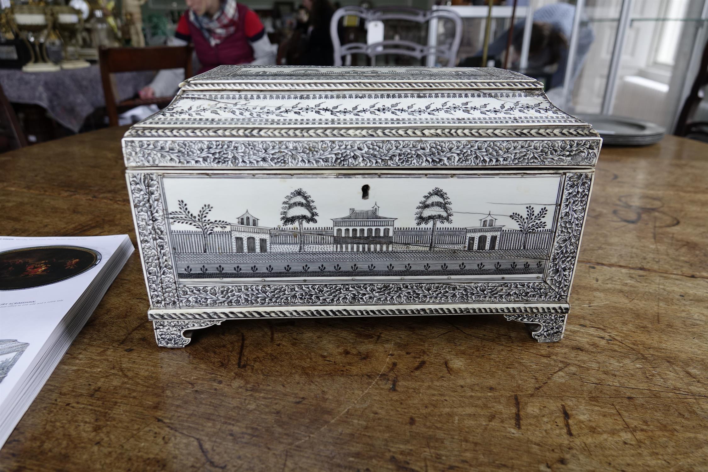 AN ANGLO-INDIAN VIZAGAPATAM TEA CASKET, c.1800, engraved overall in black ink with foliate borders - Image 4 of 22