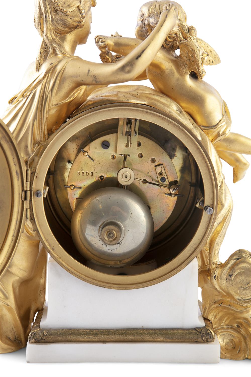 A FRENCH THREE PIECE GILT BRONZE AND MARBLE FIGURAL CLOCK GARNITURE, the clock with a classical - Image 2 of 2