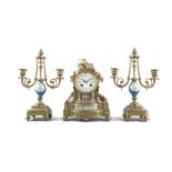 A FRENCH GILT METAL AND PORCELAIN MOUNTED THREE-PIECE CLOCK GARNITURE, Late 19th Century,