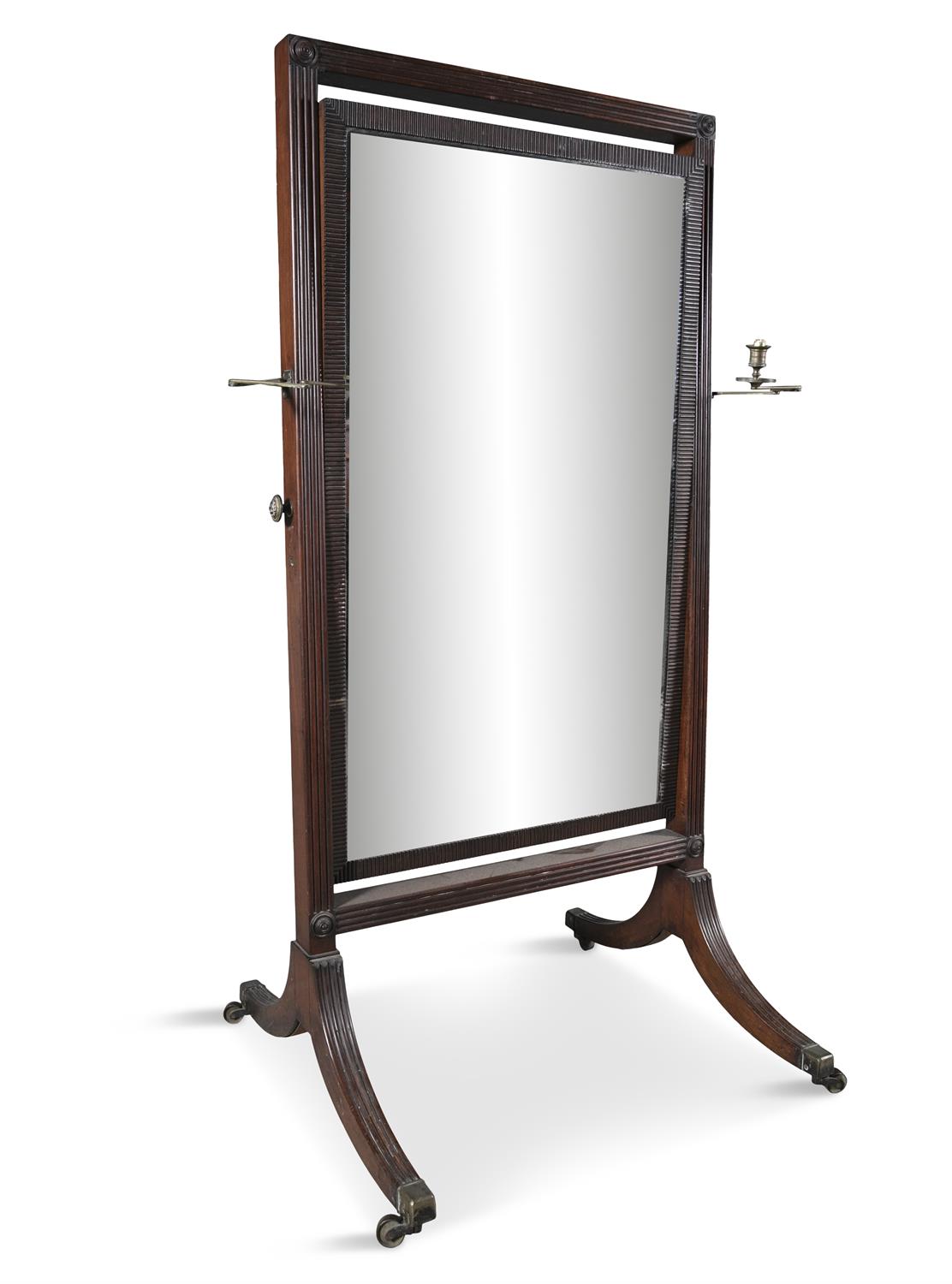 AN IRISH REGENCY CHEVAL MIRROR IN A REEDED FRAME, on outswept legs with square brass sock castors, - Image 2 of 2