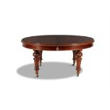 A VICTORIAN MAHOGANY D-END TELESCOPIC EXTENDING DINING TABLE, with moulded rim, the apron with