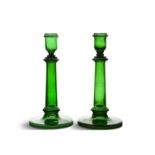 A PAIR OF 19TH CENTURY GREEN AND GILDED GLASS CANDLESTICKS, 28cm high