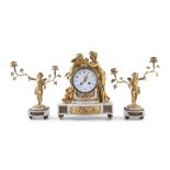 A FRENCH THREE PIECE GILT BRONZE AND MARBLE FIGURAL CLOCK GARNITURE, the clock with a classical