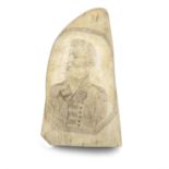 A RARE 19TH CENTURY SCRIMSHAW, inked with a portrait of a naval officer to one side and a noble
