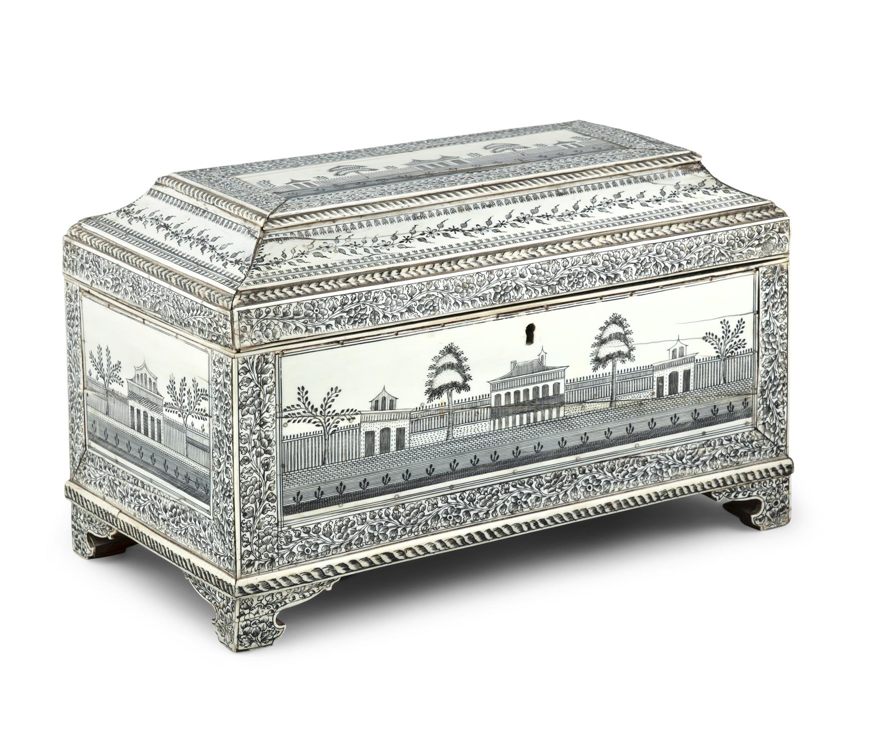 AN ANGLO-INDIAN VIZAGAPATAM TEA CASKET, c.1800, engraved overall in black ink with foliate borders - Image 2 of 22