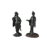 A PAIR OF JAPANESE BRONZE FIGURES, 19th/20th century, modelled as geisha women standing in fastened