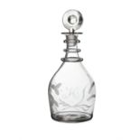 AN IRISH TRIPLE RINGNECK ENGRAVED GLASS DECANTER, 18th century, fitted with original target stopper,
