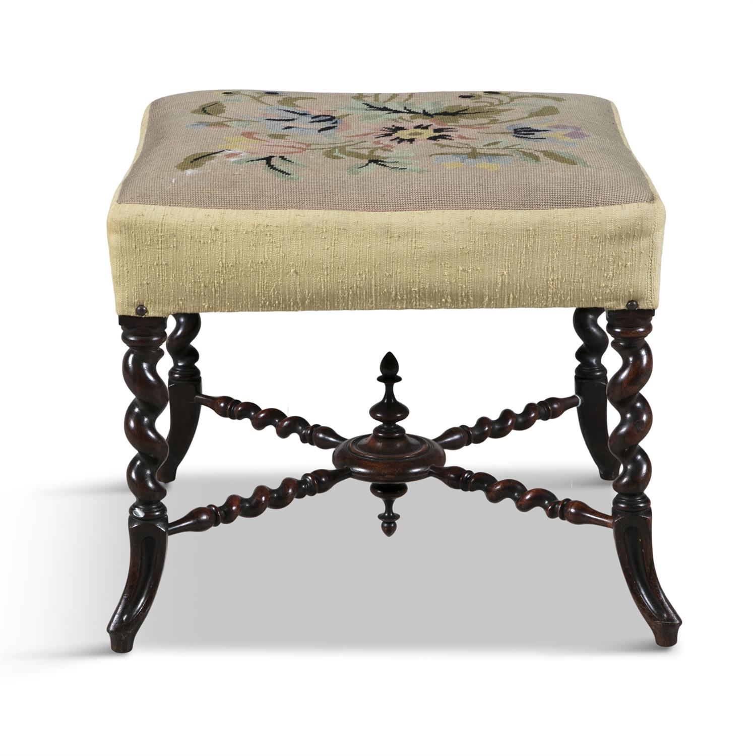 A VICTORIAN ROSEWOOD STOOL, with barley twist legs and tapestry panel seat. 46cm high x 52 x 50cm