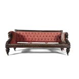 AN IRISH WILLIAM IV CARVED MAHOGANY FRAMED THREE SEATER SETTEE, by Williams & Gibton,