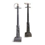 A PAIR OF UNUSUAL CAST IRON TABLE LAMPS, in the form of street lights, the octagonal columns on