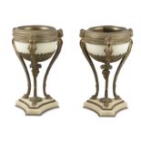 A PAIR OF FRENCH WHITE MARBLE AND GILT METAL MOUNTED CASSOLETTES, LATE 19TH CENTURY,