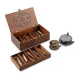 A COLLECTION OF FISHING AND ANGLING RELATED ITEMS, comprising: a Hardy 'Perfect Fly Reel' size