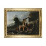 18TH CENTURY SCHOOL Classical Italianate Landscape with Figures by a Weir beneath a large Villa