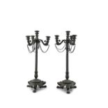 A PAIR OF FRENCH BRONZE FOUR-LIGHT CANDELABRA, 19TH CENTURY, each with raised central socket and